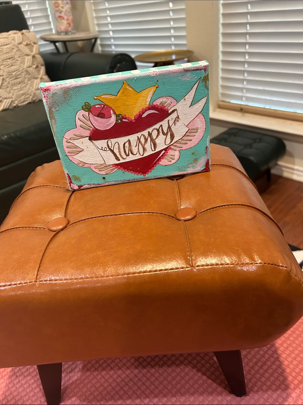 Source Unknown Aqua, Pink and Red 'Happy' Heart Painting
